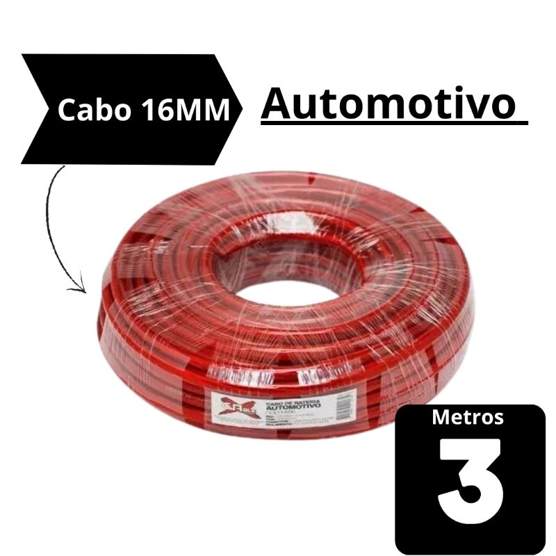 Cabo Fio De Bateria 16mm Som Automotivo Rolo 3 Metros