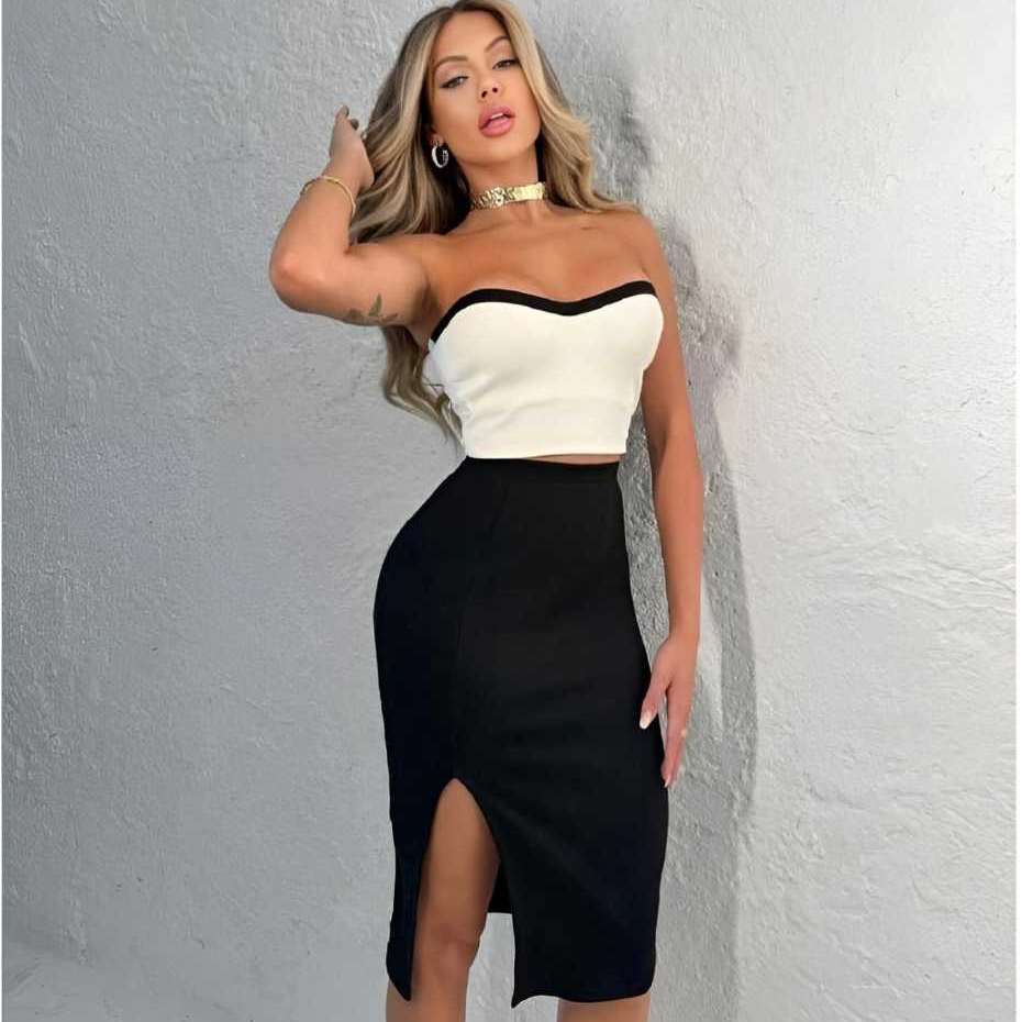 Conjunto Feminino Saia Midi Com Fenda + Cropped Tomara Que Caia com bojo