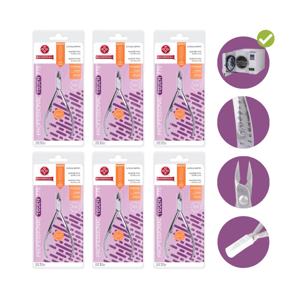 KIT 6 (SEIS) ALICATES  CUTICULA 775 PROFISSIONAL MANICURE MUNDIAL AÇO INOX