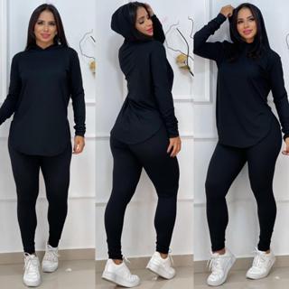 conjunto canelado com capuz calça tipo legging moda feminina outono inverno 2024