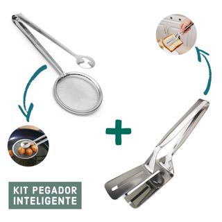 Pegador Inox Fritura Escumadeira Pinça Peneira ou Espátula Dupla Para Carne Ovo Pizza Cozinha em Oferta na Shopee