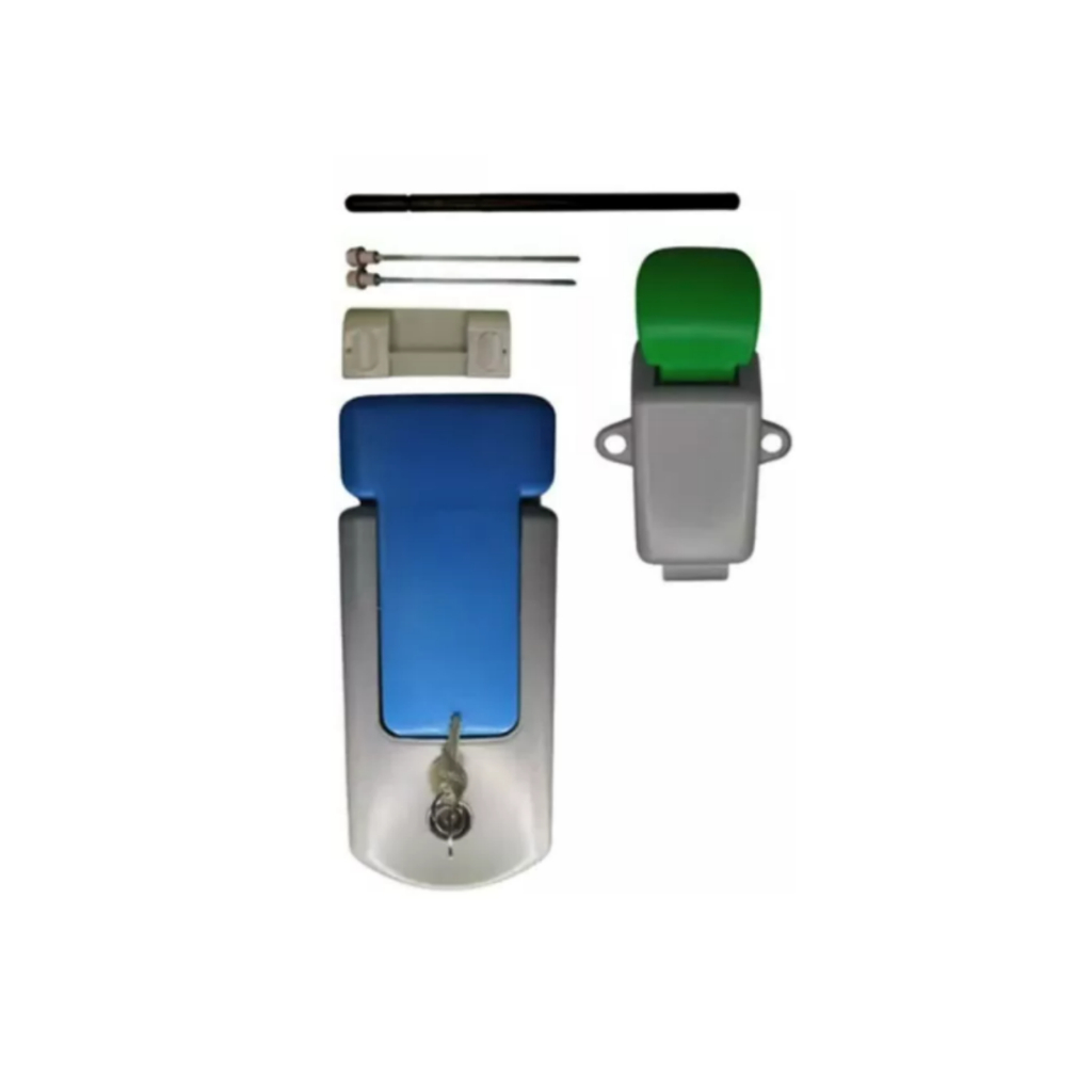 kit composto por: 01 Fechadura Externa - Cor cinza com acionador azul 02 Chaves 01 Botão de pânico/ salva vidas interno - Cor cinza com acionador verde 01 Trava para batente botão pânico 01 Haste acionadora 02 Parafusos/ Barra roscada