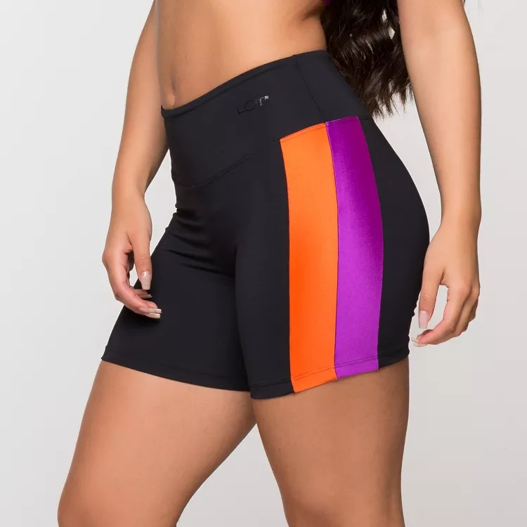 Short Fitness Feminino Bermuda Academia Poliamida Preta com Detalhe Laranja e Roxo Paris