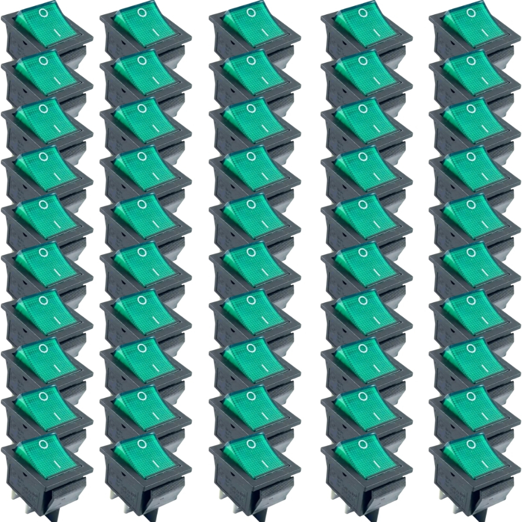 Kit 50 Chave Gangorra Interruptor KCD4-201N Liga Desliga Botão Verde Com Neon 4T