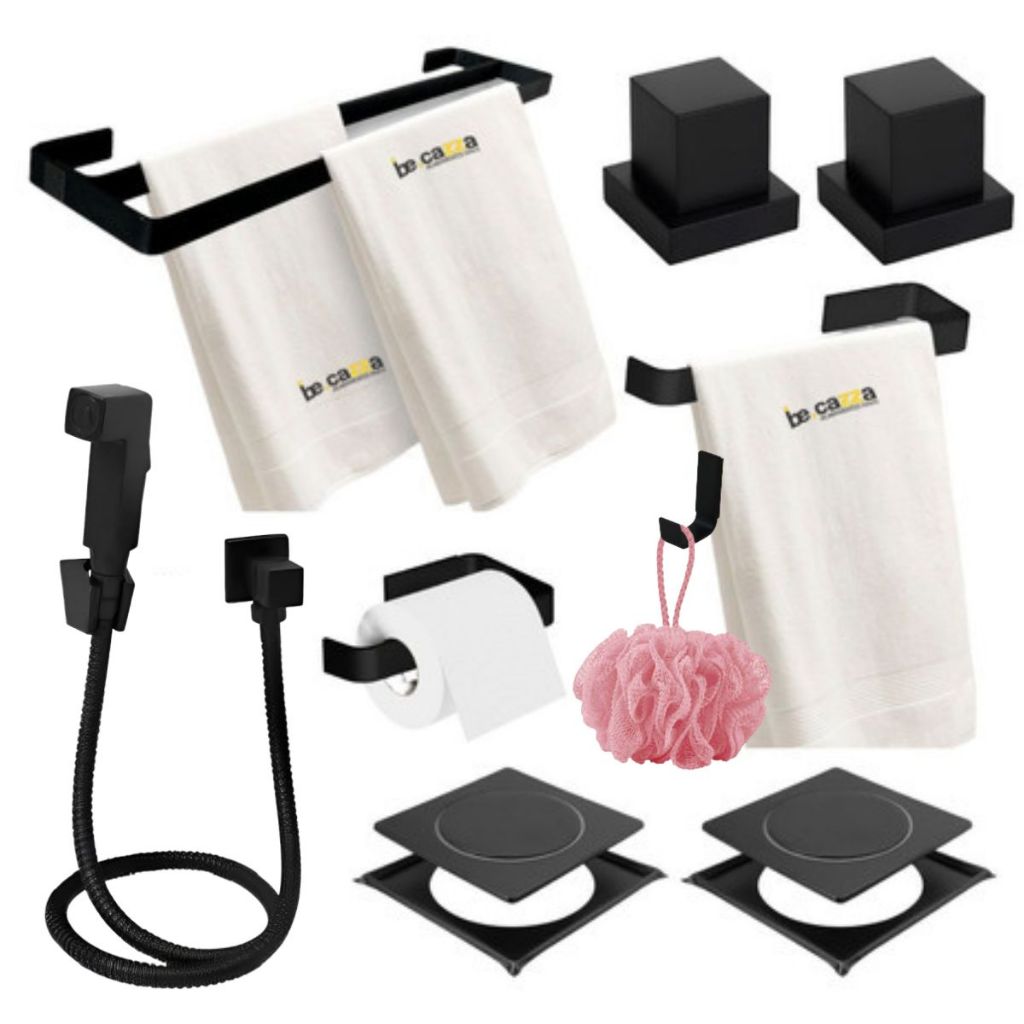 Kit Banheiro Toalheiro Duplo + Ducha Higiênica + Acabamento +  Ralo Click Inox Inteligente Completo 10x10