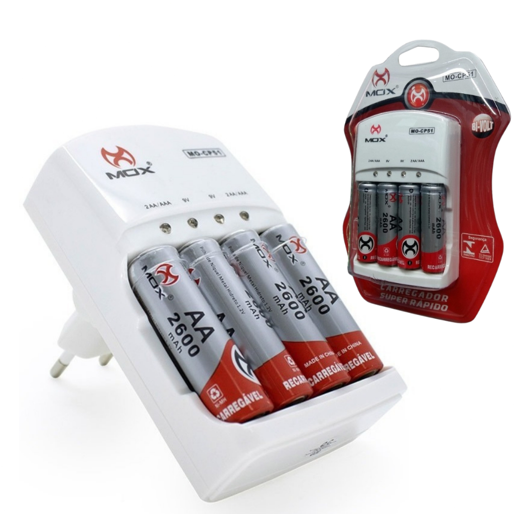 Carregador De Pilhas Rápido Bivolt + 4 Pilha Aa Recarregável Mox em Oferta na Shopee
