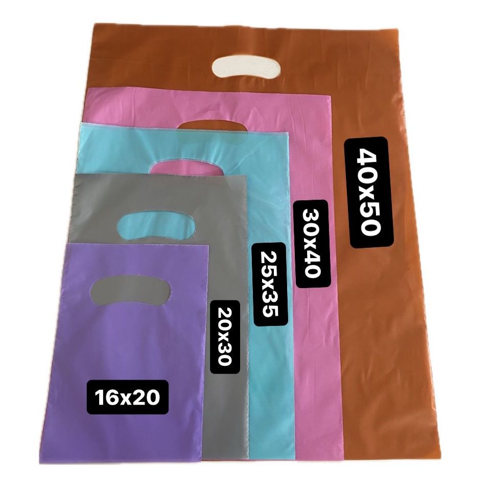 50 Sacolas Plásticas - 16X20 / 20X30 / 25X35 / 30X40 / 40X50 - Boca de Palhaço / Alça Vazada - Loja