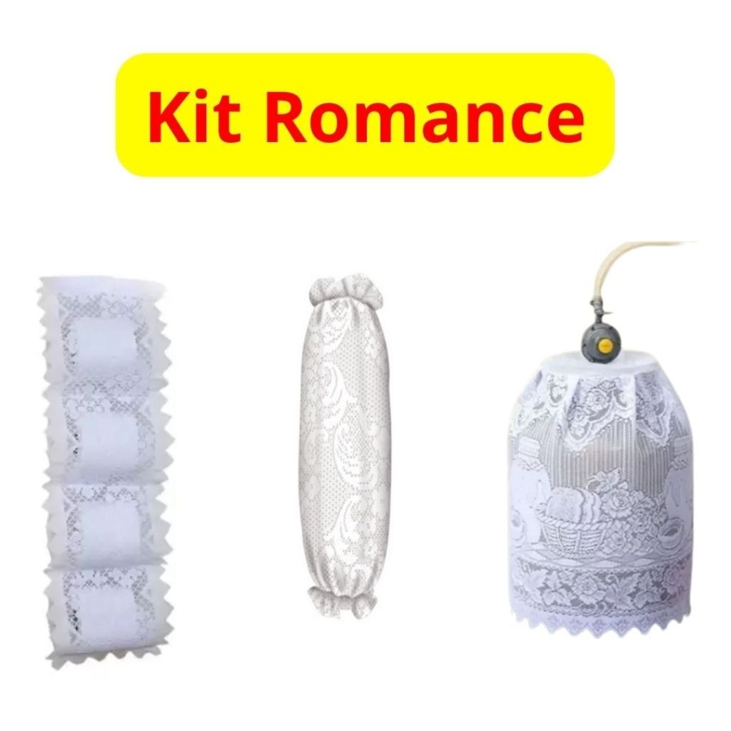 KIT Puxa Saco 43x48 Capa Para Botijão De Gás 47x1,12 E Suporte Para Papel Higienico De Renda 84x18 3 Iténs