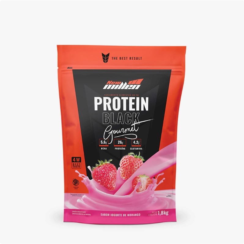 Whey Protein 100% LINHA BLACK GOURMET - New Millen Refil - Sabor IOGURTE DE MORANGO - PESO: 1,8KG - Ganho de Massa Emagrecimento Sabor Maravilhoso