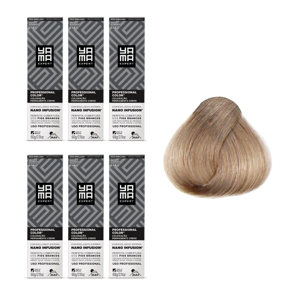 Kit C/6 Colorações Yama Prof Color Nano 9.1 Louro Muito Claro Acinzentado Yamá
