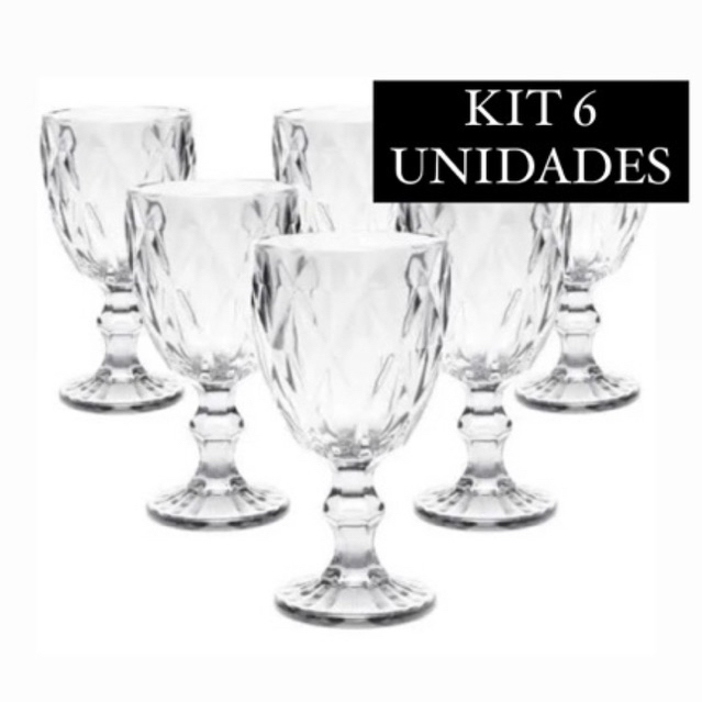 Kit 6 Taças Diamond Vidro Transparente Para Vinho Luxo Resistente 340ml