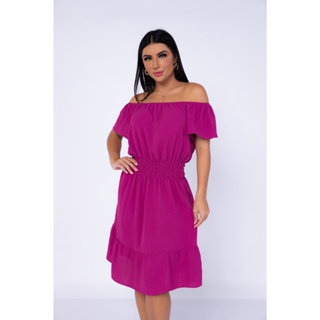Vestido Curto de Ombro a Ombro Com Elastic na Cintura em Oferta na Shopee