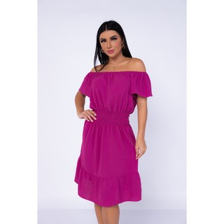 Vestido Curto de Ombro a Ombro Com Elastic na Cintura