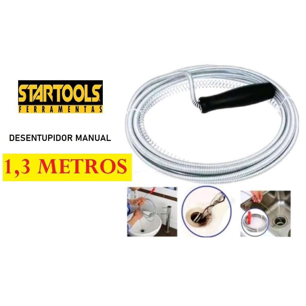 Desentupidor Tubulação Encanação 1,3m Manual Flexível Aço Cano Ralo Pia Banheiro Cozinha
