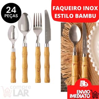 Jogo de Talheres Faqueiro Bambu Kit 24 Peças Conjunto De Talheres Garfo Faca Colher De Sop...