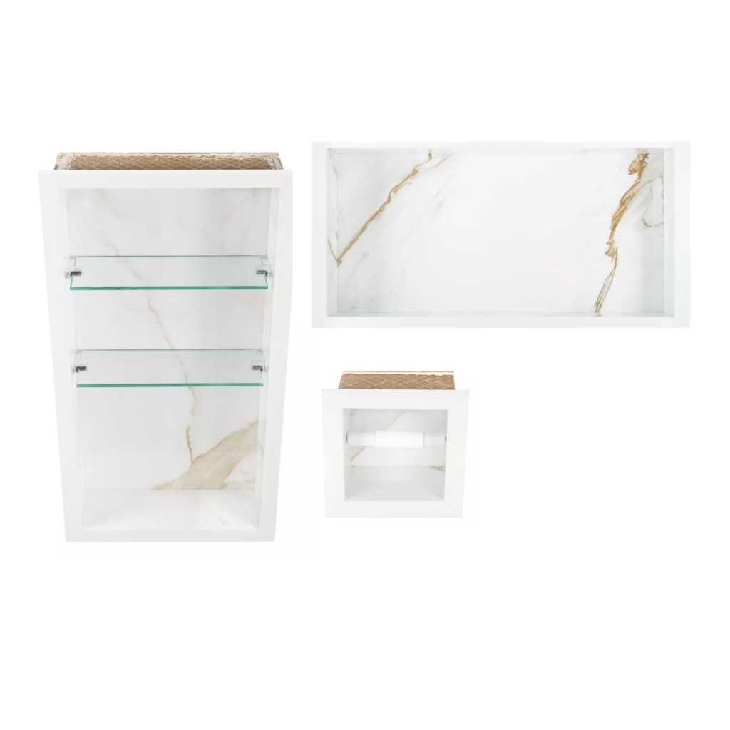 kit Nichos em Porcelanato + Nicho Vertical com Prateleira + papeleiro Kit com 3 peças