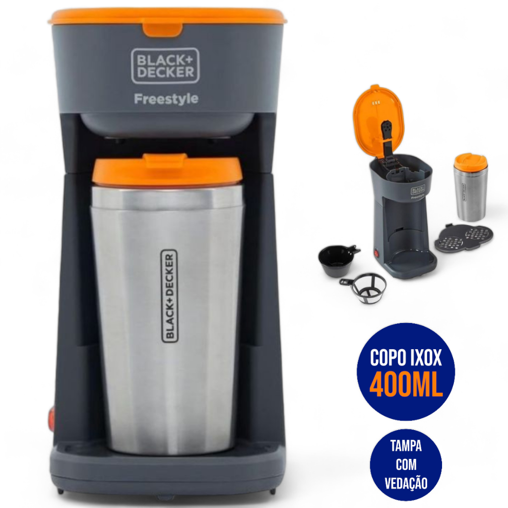 Cafeteira Elétrica Individual CM01 Black & Decker 600W com Tampa Automática com Copo Térmico 400ml Inox Freestyle Compacta Cinza Escuro Modelo Portátil