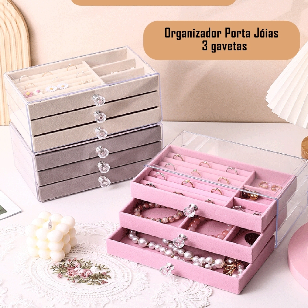 Porta Joias Acrílico Organizador Bijuteria 3 Gavetas Porta Anel Colar Pulseiras