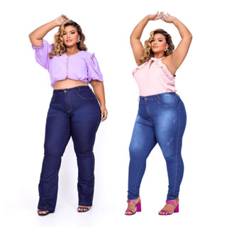 Calça Jeans Feminina Plus Size Cintura Alta Com Lycra Strech Elastano Premium efeito Empina Bumbum Promoção