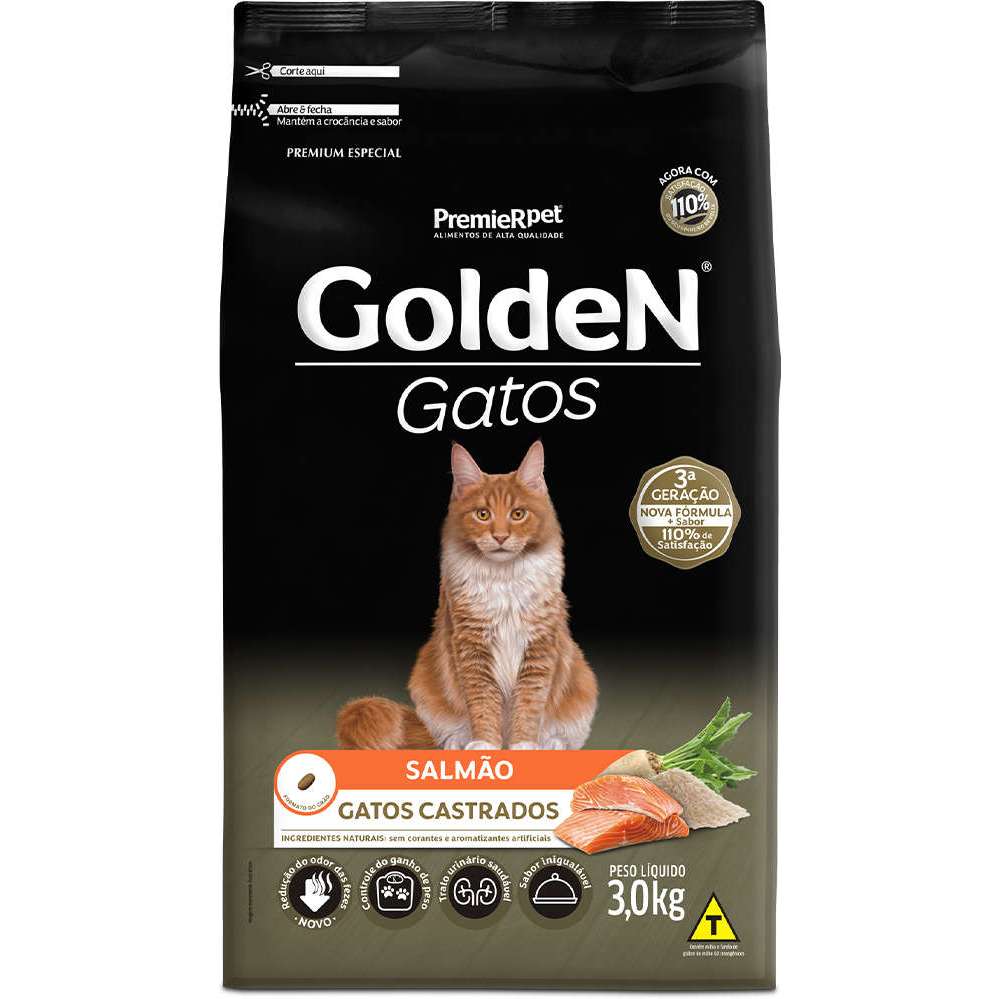 Ração Golden Gatos Castrado Salmão e Arroz 10,1 kg