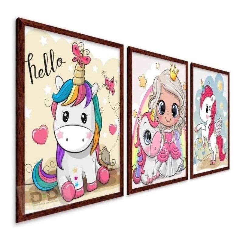 Quadro Decorativo Trio Infantil Unicórnio Princesa Rosa Quarto Menina