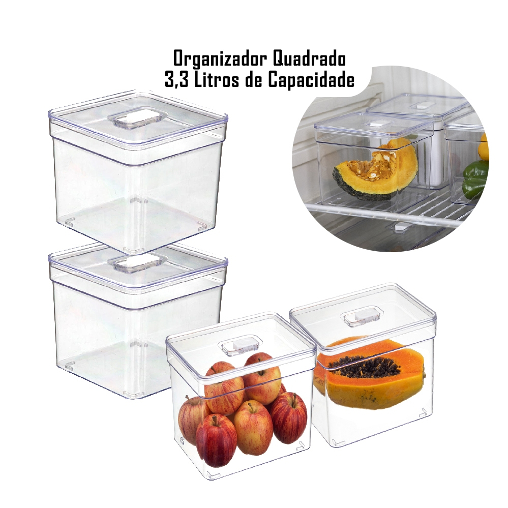 Kit 4 Organizador de Geladeira 2,8 Litros Quadrado Com Tampa Multiuso Alimentos Verduras e Vegetais