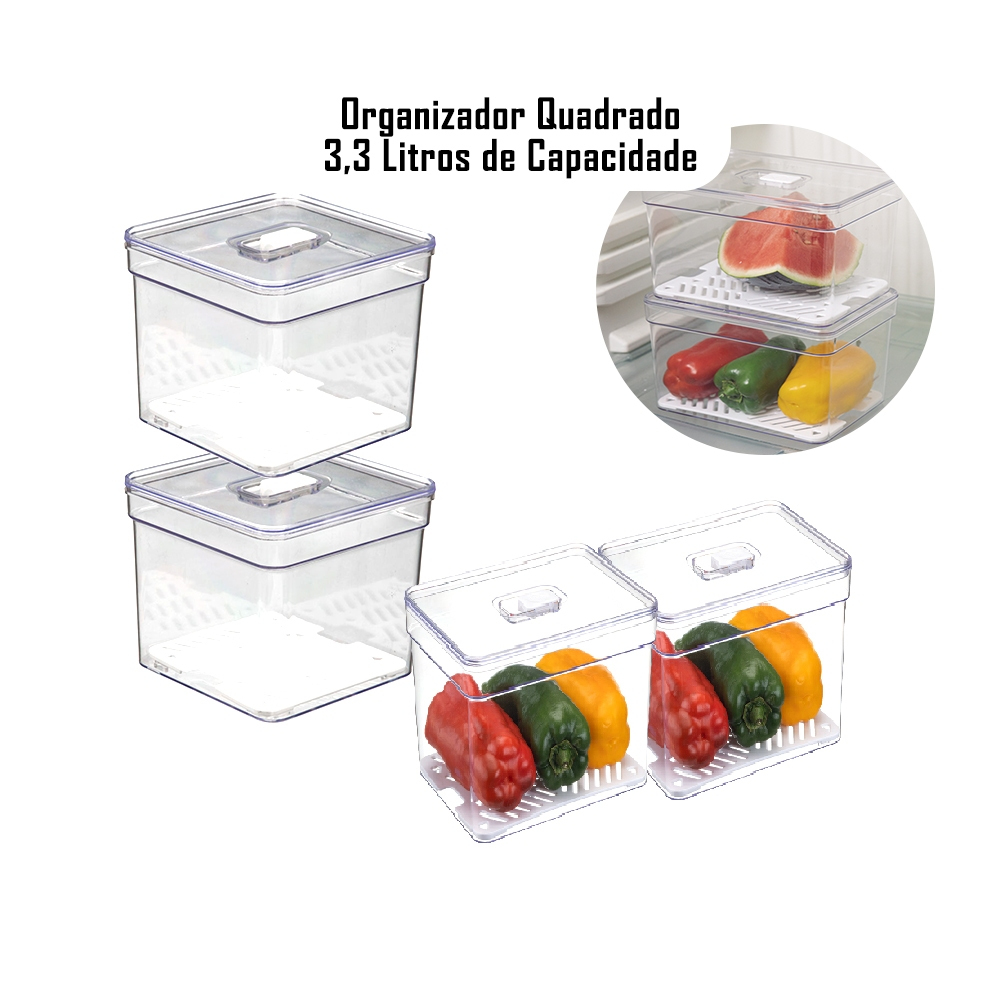 Kit 4 Organizador de Geladeira 3,3 Litros Drenagem Com Tampa Multiuso Alimentos Verduras e Vegetais