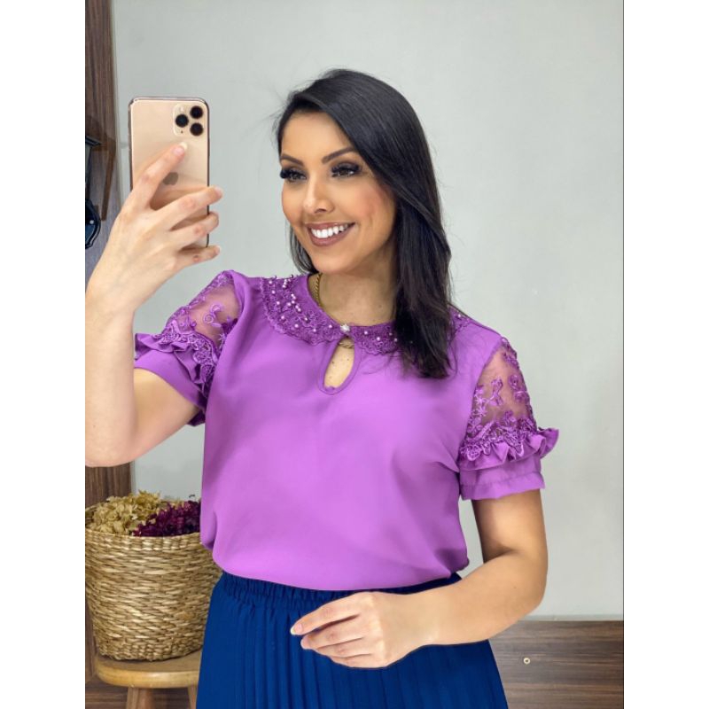 blusa Juliete, blusa manga curta, blusa social, blusa com pérolas, blusa com gripir, blusa