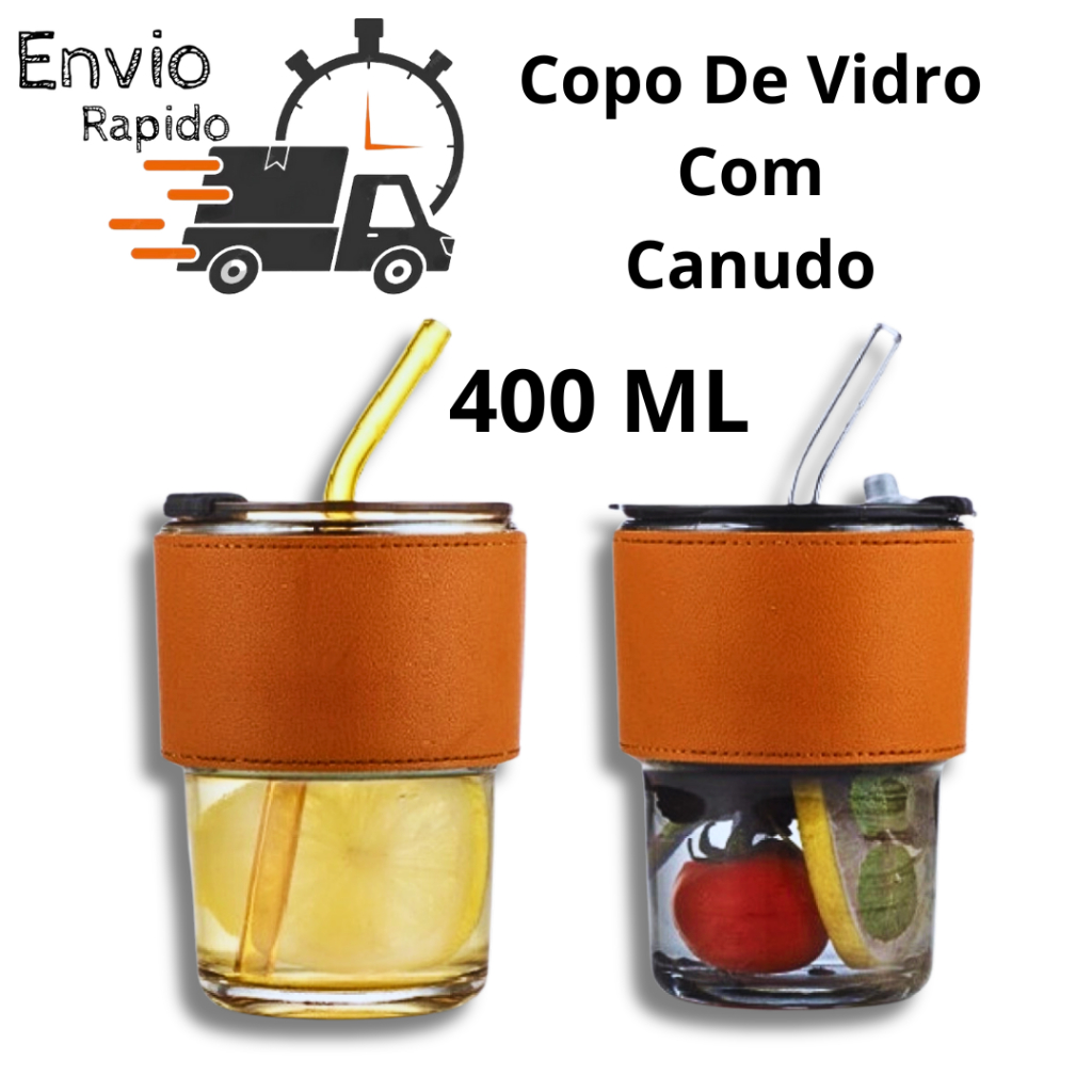 Copo Vidro Com Canudo e Tampa Vedação Drink Cha Canudo Couro Moderno Borossilicato 400ML Fume ou marrom