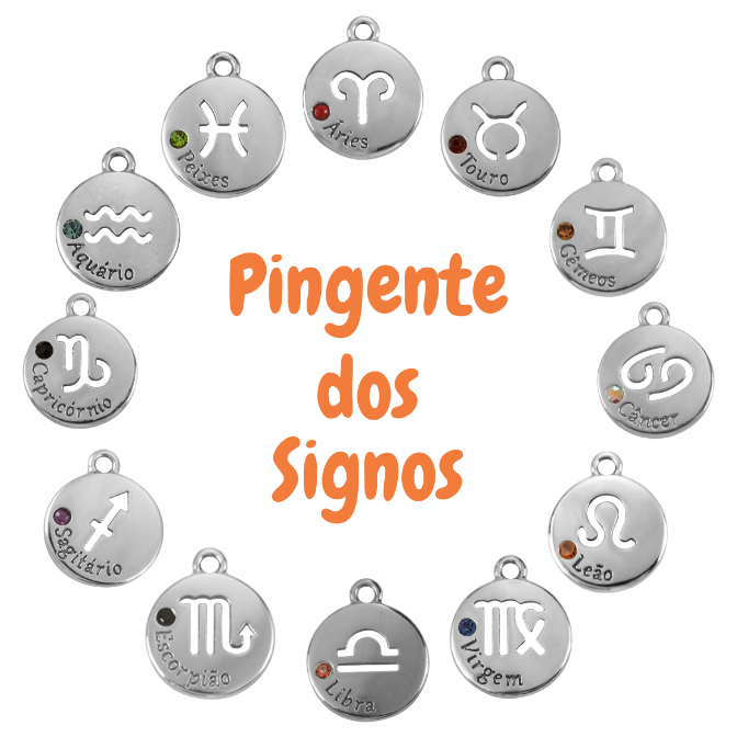 Medalha Signo + Colar Couro PU Pingente Signo Berloque Prateados com Strass