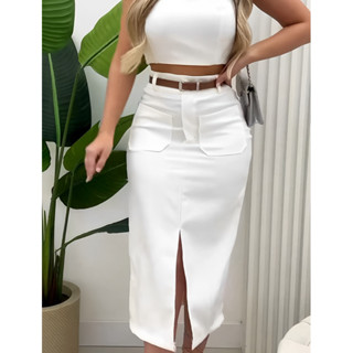Saia Midi Feminina Alfaiataria Com Cinto e Bolso Frontal Moda Evangélica.