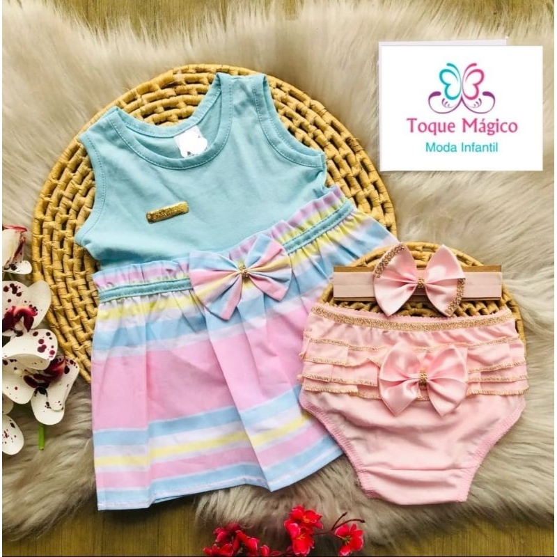 Kit 3 Peças para Bebe Menina Vestido + Calcinha Bunda Rica + Lacinho Rosa Azul Saida Maternidade Roupinha Barata Modinha