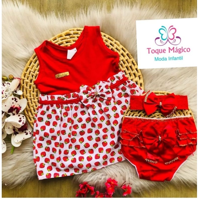 kit 3 Peças para Bebe : Vestido + Calcinha Bunda Rica + Lacinho Roupinha Barata Saida Maternidade Vermelho