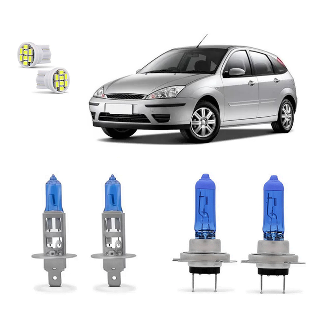 Kit 4 Lampada Super Branca Farol Focus 2004 2005 2006 2007 2008 8500k H1 H7