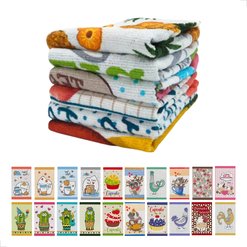 Pano de Prato Atoalhado Primore Teka Kit 6 Unidades Tecido 100% Algodão 40x65cm Grande Guardanapo para Copa Lindas Estampas