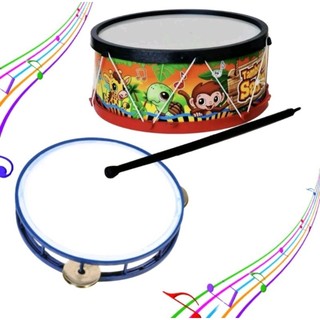 kit Tambor e Panderinho Infantil Coloridos Brinquedo Musical CARNAVAL Tamborzinho Para Crianças