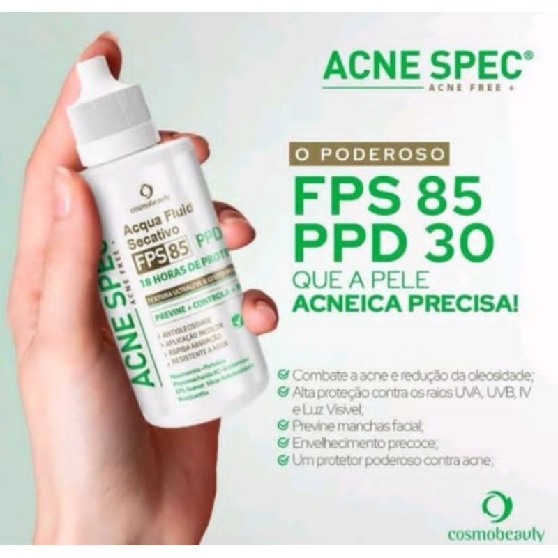 Acne Spec Acqua Fluid Secativo FPS85 PPD 30 Protetor Solar Cosmobeauty