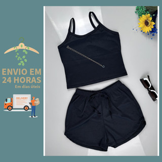 Conjunto Academia Cropped e Short Feminino Canelado