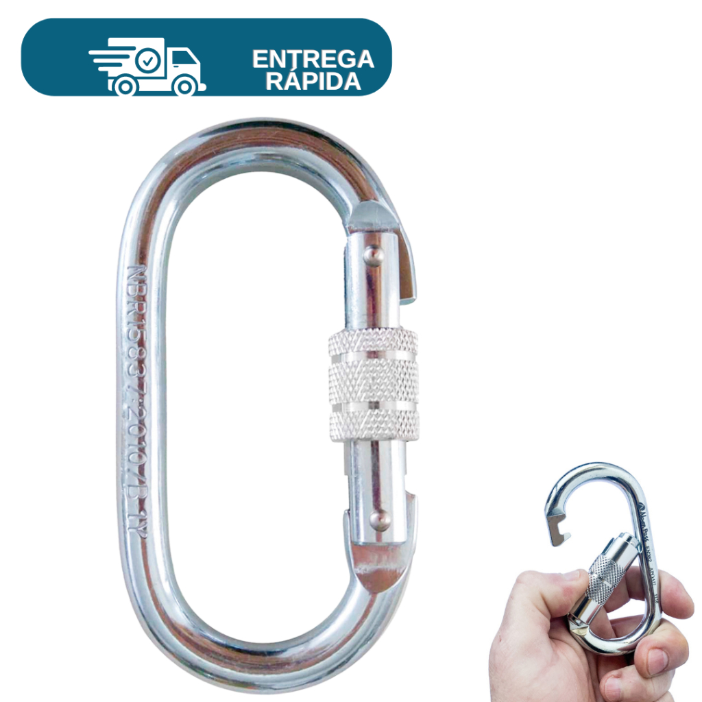 Mosquetão Aço Oval Rosca 23kn Nbr Dupla Trava De Segurança P/ Trabalho Em Altura Escalada Alpinismo