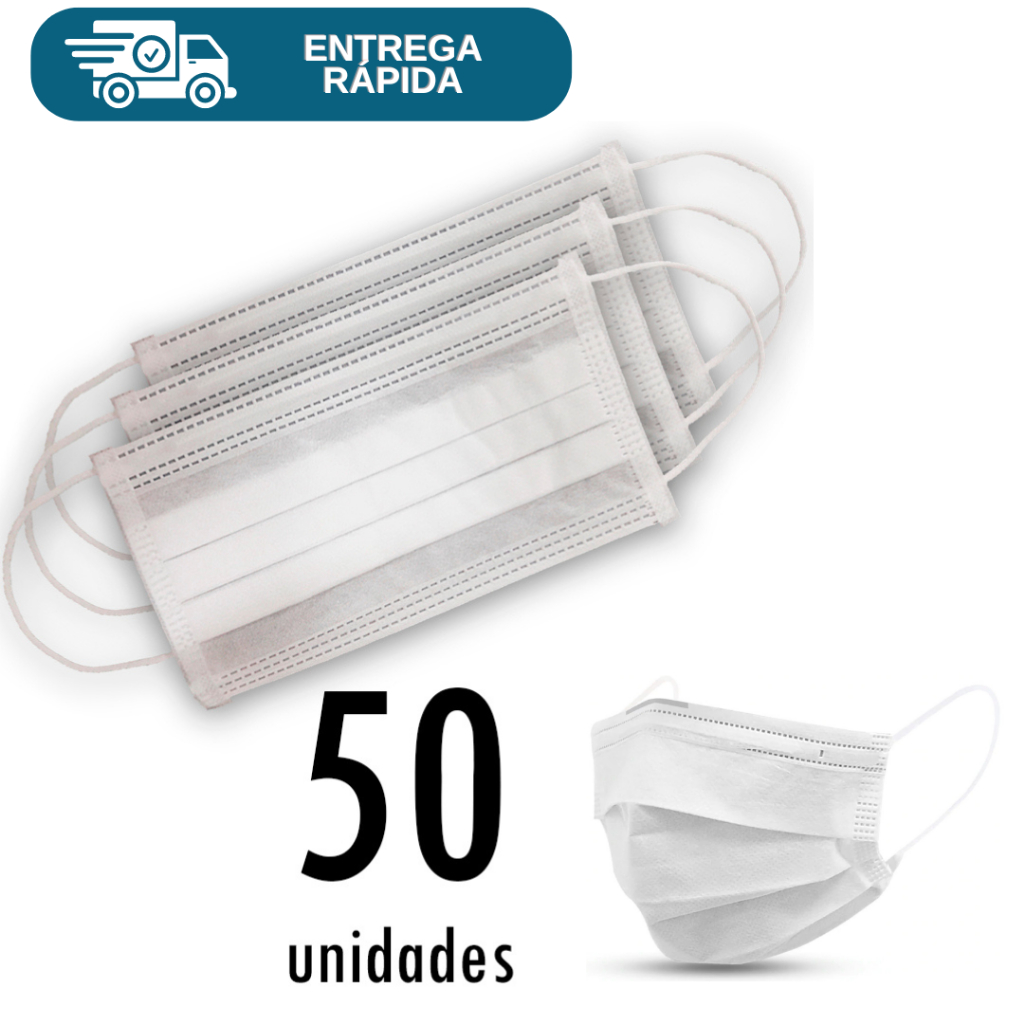 Kit 50 Mascara Descartavel Em TNT Branca Tripla Camada Com Clips Nasal Proteção Hospital Enfermeiro