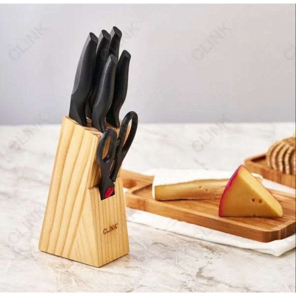 KIT 7 FACAS COM SUPORTE MADEIRA COM PECAS EM ACO INOX LINHA CHEFF GOURMET LUXO