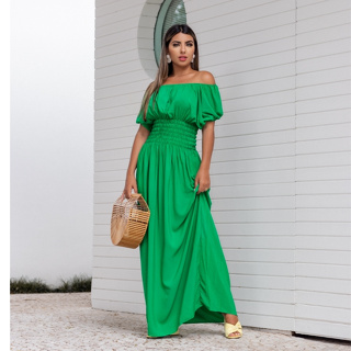 VESTIDO LONGO COM CINTURA ELASTICO LISA DE VISCOLINHO Lastex Ombro á Ombro Franzido Franzidinho PLUS  FEMINIo em Oferta na Shopee