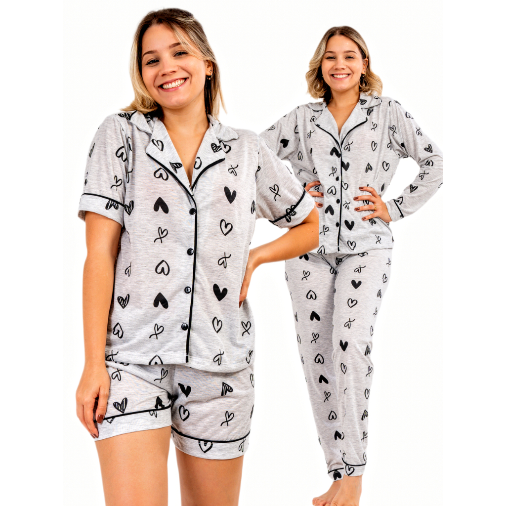 Kit 2 Pijamas Feminino Adulto Americano Curto Longo Malha amamentação blogueira de Botões ...