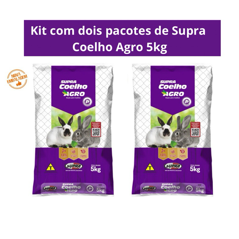 Kit com dois pacotes Ração Supra Coelho Agro 5kg