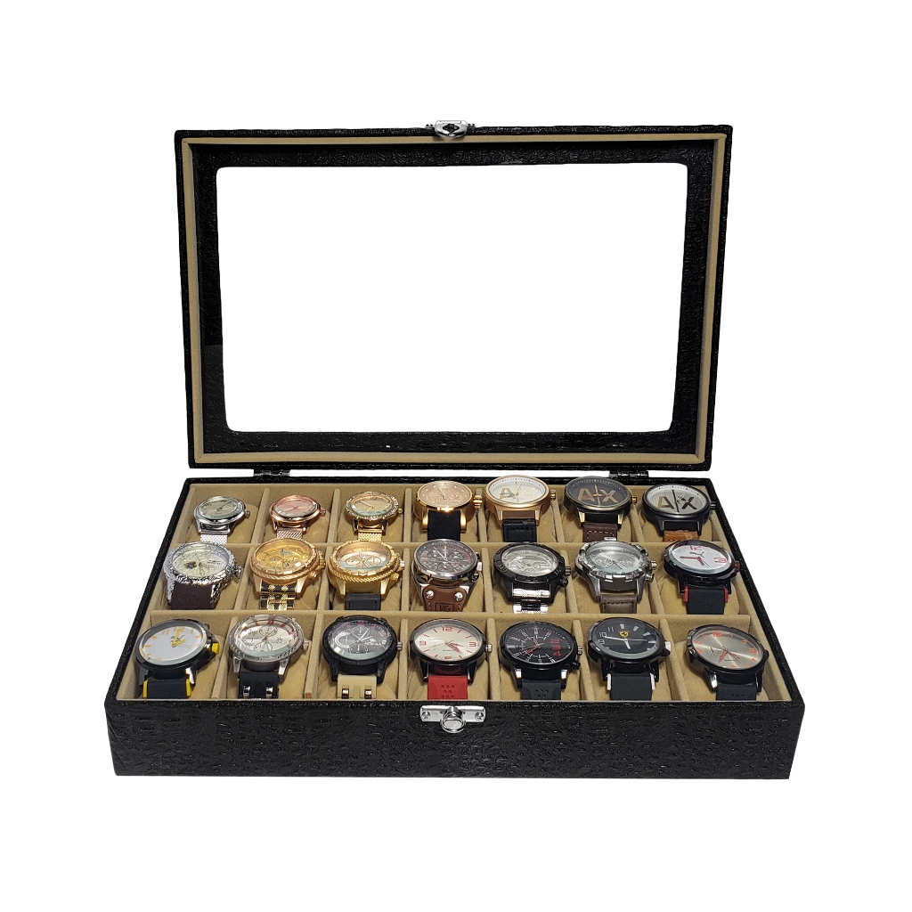 Caixa Estojo Para Guardar 21 Relógios Preto Com Interno Aveludado Bege
