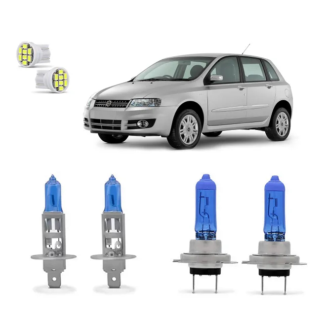 Kit 4 Lampada Super Branca Farol Stilo 2003 2004 2005 2006 2007 2008 2009 2010 2011 2012 8500k H1 H7