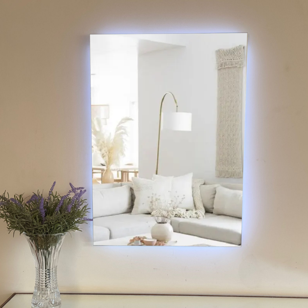 Espelho Retangular para Banheiro 35x60 com LED À PILHA ou FONTE, Lapidado