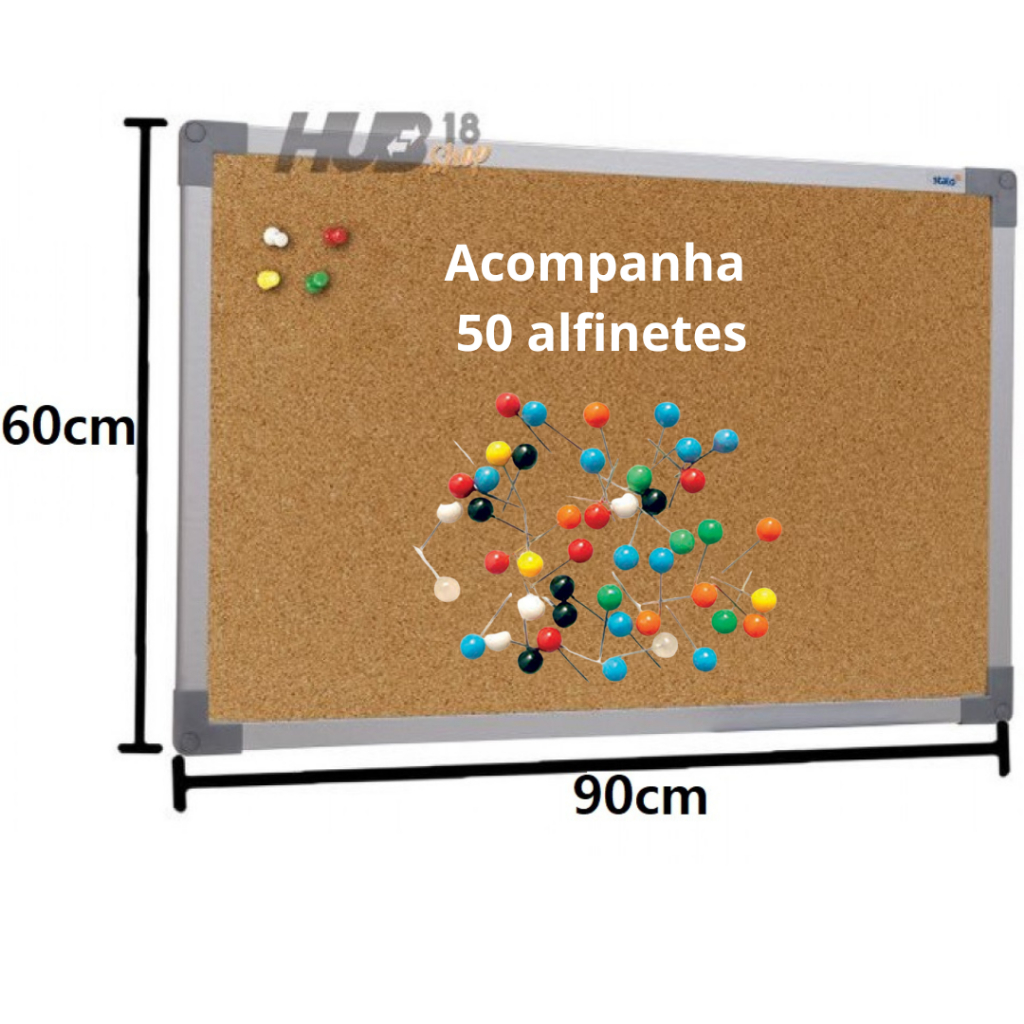 Quadro De Aviso Cortiça Aluminio 90X60cm Stalo +50 Alfinetes