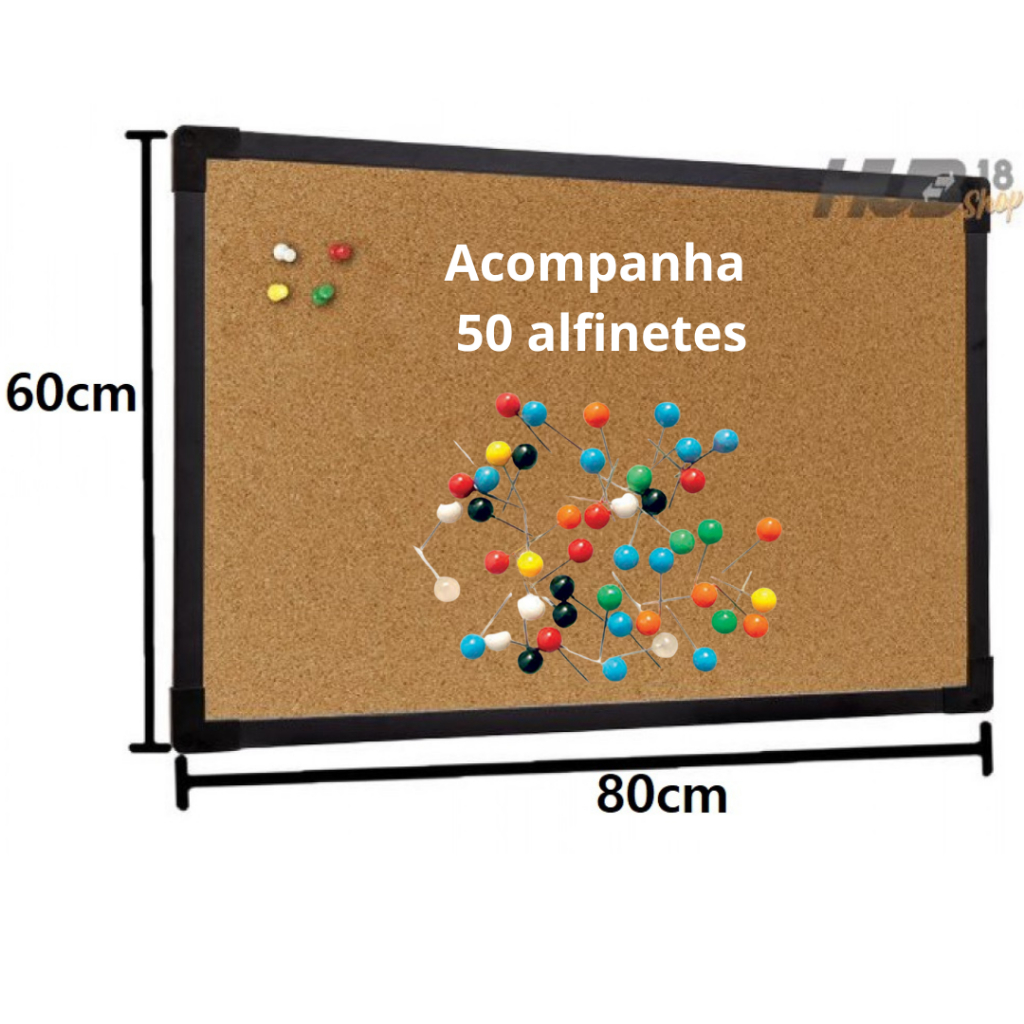 Quadro De Aviso Cortica MDF Preto 80X60cm Stalo +50 Alfinete