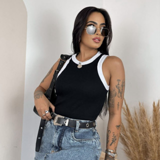 Blusinha Feminina Regata Bicolor De Algodão Blusa Básica Canelada Ribana